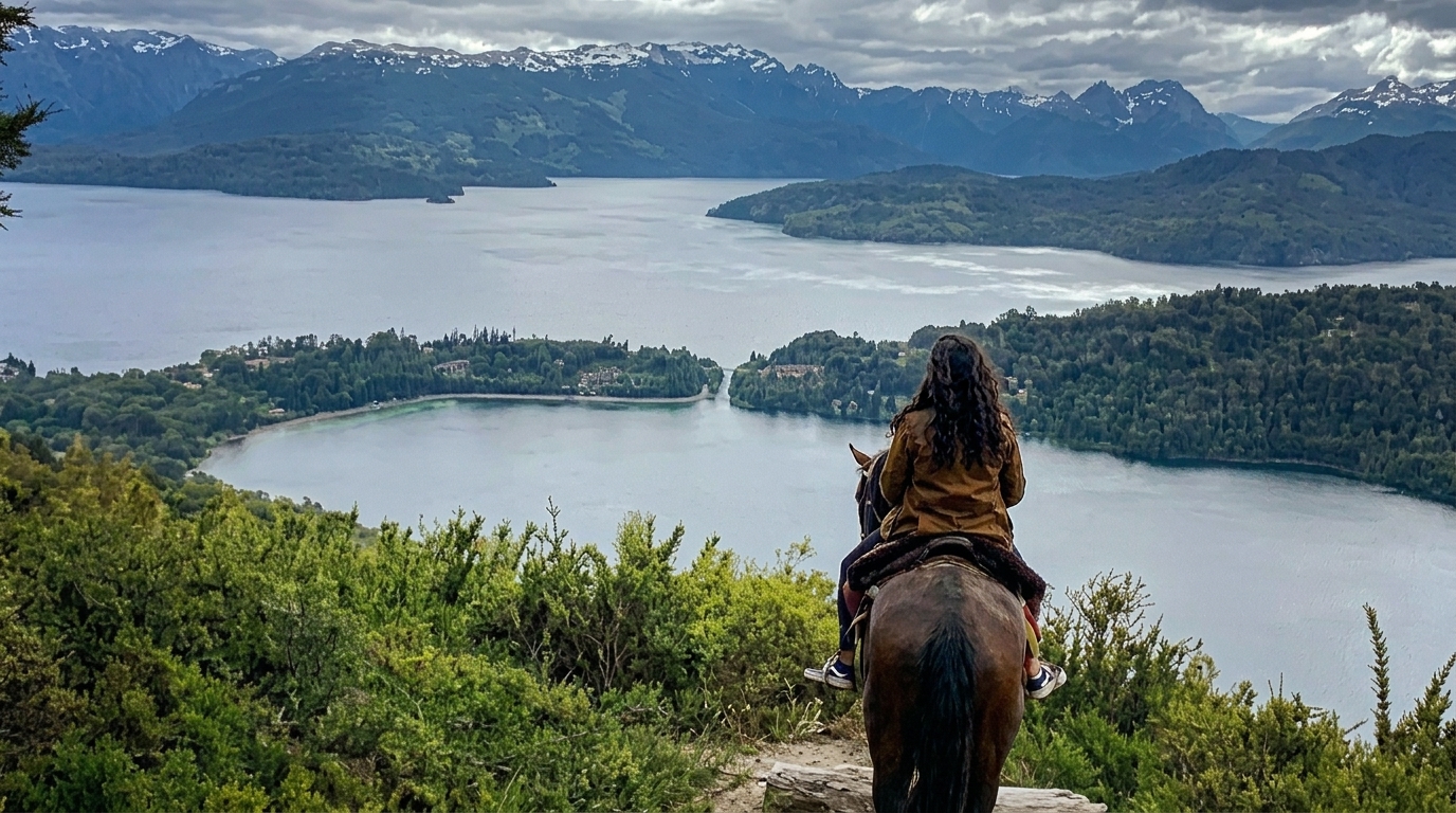 Viajante a cavalo contemplando o lago de Villa La Angostura