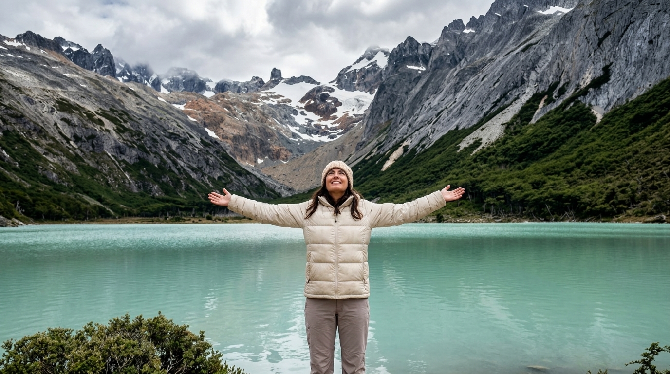 Viajante com braços abertos em frente ao Lago Esmeralda em Ushuaia