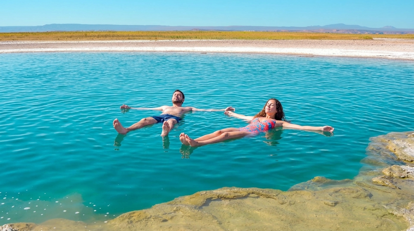 Casal flutuando na Laguna Cejar no Atacama