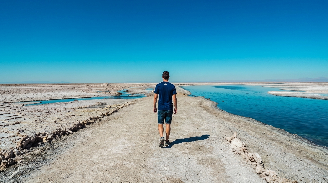 Viajante caminhando entre piscinas turquesa no Salar de Atacama