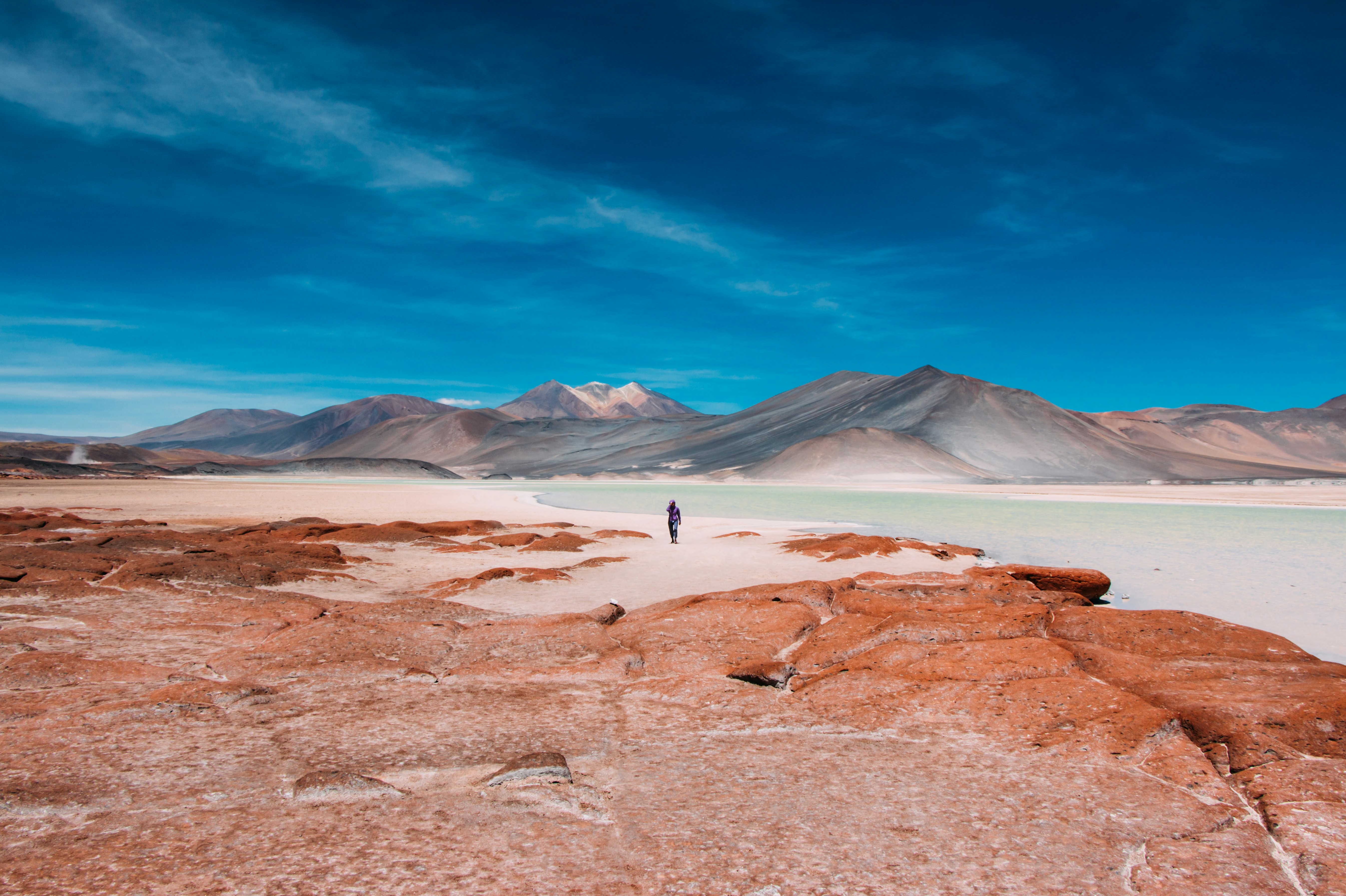 Pessoa contemplando salar com água turquesa e vulcões ao horizonte