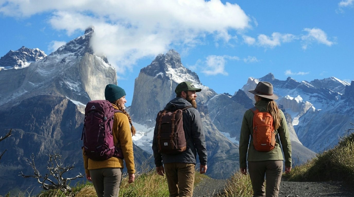 Grupo de caminhantes contemplando Los Cuernos do Paine