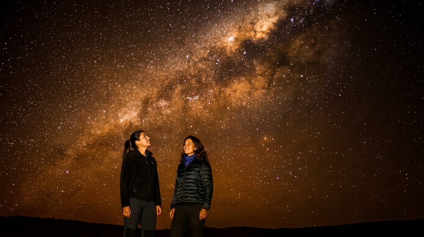 Duas viajantes olhando para a Via Láctea no céu do Atacama